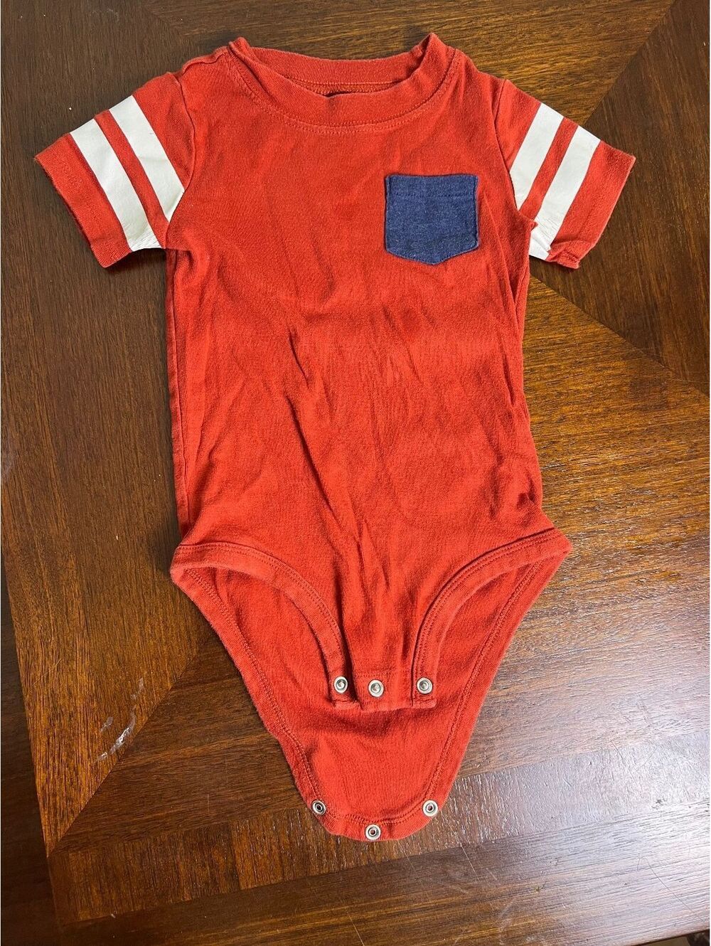 Carter's 24 M Orange Snap onesie blue pocket white stripes